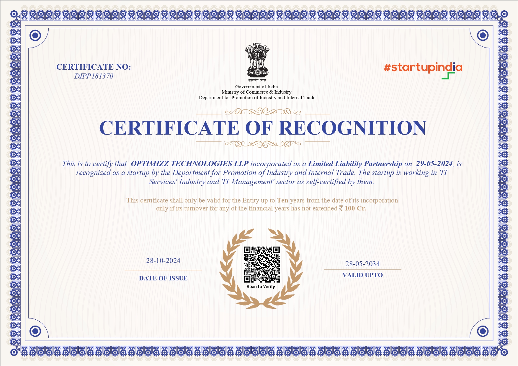 START UP INDIA CERTIFICATE_DIPP181370_OPTIMIZZ_TECHNOLOGIES_LLP_RECOGNITION_736271513473319848_page-0001